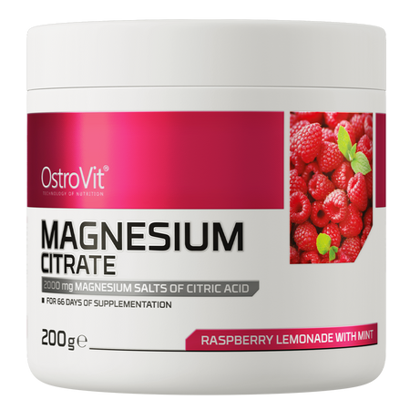 OstroVit Cytrynian Magnezu 200 g – lemoniada malinowa z miętą, przód opakowania