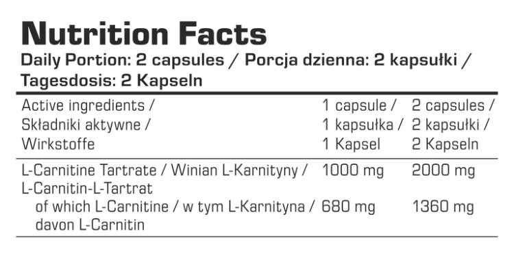 7Nutrition L-Carnitine 1000 – tabela składu, porcja 2 kapsułki